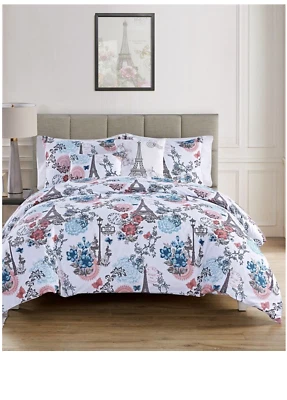 VCNY Home Eiffel Tower Paris France Floral Reversible 5 Pc Duvet Set KING Multi - Photo 1/3
