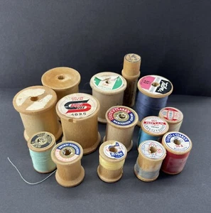 Lot of 13 Small Wood Sewing Thread Spools, Some W/ Thread Craft Hobby, Vintage - Picture 1 of 4