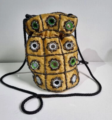 Pretty Embroidered Drawstring Bag, Made In India, Gold Black ,Mirrored, Sparkle - Image 1 of 2