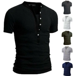 Herren Slim Fit V-Ausschnitt T-Shirt Muskel Tee Tops Kurzarm Knopf Bluse Freizeit - Bild 1 von 16