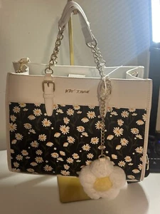 Betsey Johnson Large Tote Purse Black And White Flowers  - Picture 1 of 7