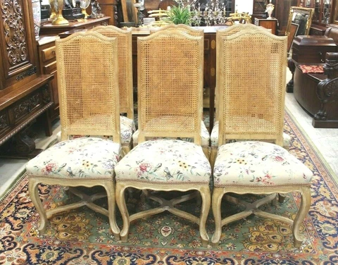 Set of 6 French Oak Wood Louis XV Rush Back New Upholstery Dining Chairs Cover