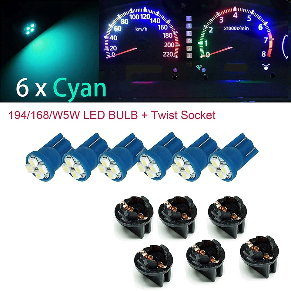 6x T10 168 194 LED instrument Panel Dash Light Bulb 1/2" Twist Lock Socket Cyan - Image 1 of 4