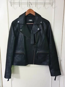 BNWT RRP £750 KARL LAGERFELD WOMENS BLACK LAMB SKIN BIKER JACKET EU 38 UK 12 - Picture 1 of 12