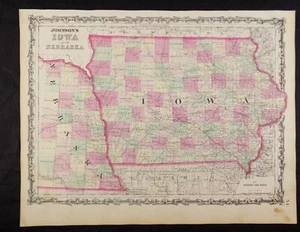 1863 CIVIL WAR MAP OF IOWA & NEBRASKA JOHNSON'S  ATLAS, w/ C.O.A. ORIGINAL VGC+ - Picture 1 of 9