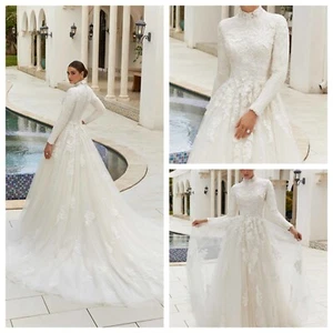Muslim Blüten Spitze Brautkleid Hochzeitskleid Langarm Rollkragen Glitertüll NEU - Imagen 1 de 6