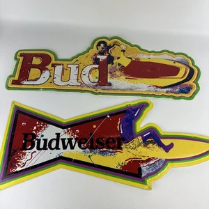Rare 1991 Budweiser Bud Beer Signs LOT OF 2 Surf and Jet Ski Retro 90s Metal Tin - Picture 1 of 20