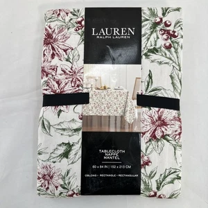 Lauren Ralph Lauren Tablecloth Holly Mistletoe Red Poinsettia Christmas 60 x 84 - Picture 1 of 10