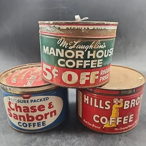 Vgt Tin Coffee Cans 1 Lb MANOR HOUSE, HILLS BROS & CHASE SANBORN Lot Of 3 w Lids - Picture 1 of 18