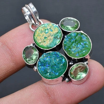 Green Titanium Druzy, Tsavorite  Jewelry Pendant 1.59" W680 - Image 1 of 3