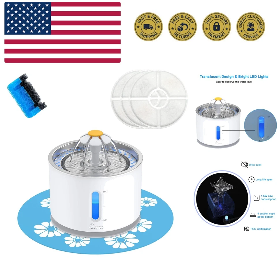 Blue Cat Water Fountain Stainless Steel 81oz 2 4l Intelligent Pump With LED