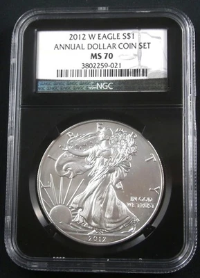 2012 W BURNISHED AMERICAN SILVER EAGLE NGC MS 70 ANNUAL DOLLAR SET - Image 1 of 4