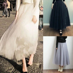 Women Long Pettiskirt Midi Dress Bouffant Maxi Skirt 3 Layers Mesh Tulle Pleated - Picture 1 of 16