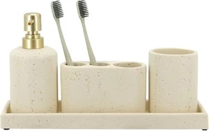 Beige Bathroom Accessories Set 4 Pcs - Toothbrush Holder, Soap Dispenser, Va - Picture 1 of 7