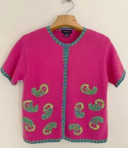 VTG 1990s EAGLES EYE Women Cardigan Sweater Sz M Pink Paisley Short Sleeves - Picture 1 of 5