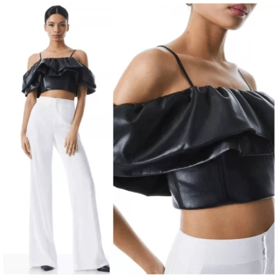 Top negro con volantes de cuero sintético voluminoso Alice + Olivia Nay talla 6 Foto 1 de 4