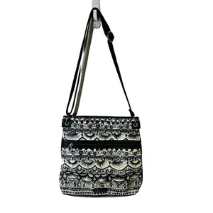 Sakroots Womens Flat Crossbody Bag Black White Abstract Coated Cotton - Picture 1 of 8