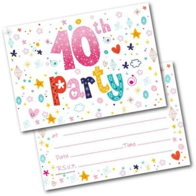 Doodlecards Pack of 20 10th Birthday Party Invitations Age 10 Girls Number Invit