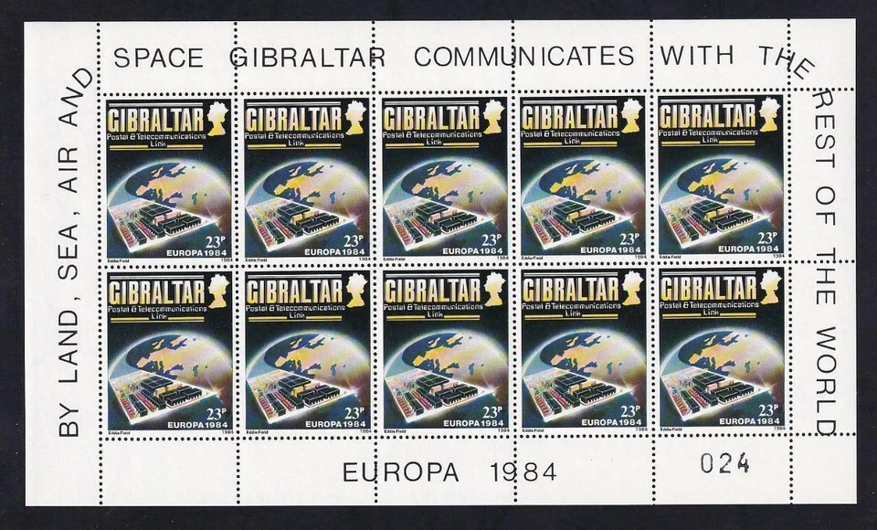 Gibraltar Europa 1984 Postal & Communication Links, MNH pane x10, sc#460 [p53a] - Image 1 of 1