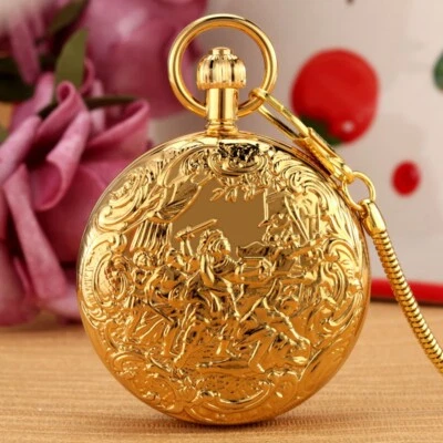 Reloj de Bolsillo Automático de Cobre Puro de Lujo Cadena Colgante Autoenrollable de Oro Completo Foto 1 de 4