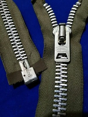USA Vtg1965-70s SCOVILL ZIPPER#10 SEPARATING Metal=24.75in ALUMINUM/OLIVE COTTON - Image 1 of 2