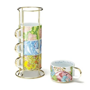 NWT Lilly Pulitzer Target Mugs Coffee Espresso Cups Ceramic with Gold Caddy NEW - Picture 1 of 1