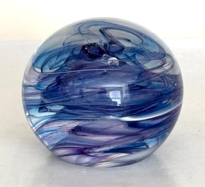 Art Glass Paperweight Blue, Purple and White Swirl Pattern Artist Signed - Picture 1 of 7