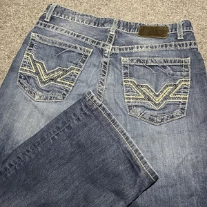 BKE Tyler Jeans 33R Bootcut Medium Wash Distressed Whiskering Thick Stitch - Picture 1 of 13
