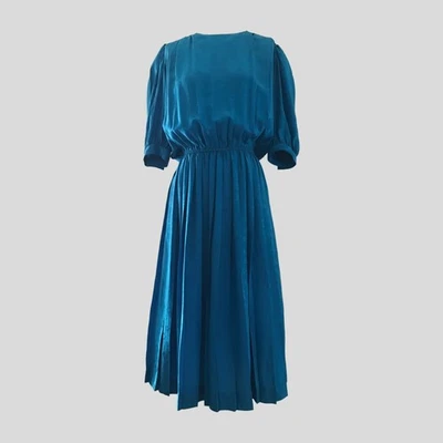 Vestido midi vintage años 80 Liz Claiborne azul seda plisado geométrico manga corta 8 Foto 1 de 4