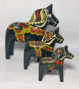 Vtg Set of 3 G.A. Olsson Swedish Folk Art Dala Wood Hand Painted Horse Figurines - Picture 1 of 16