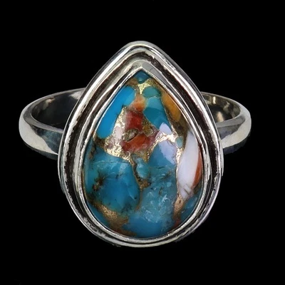 Anillo de Plata de Ley 925 Pera Kingman Turquesa 13x9mm Piedras Preciosas Joyería Talla 7 Foto 1 de 4