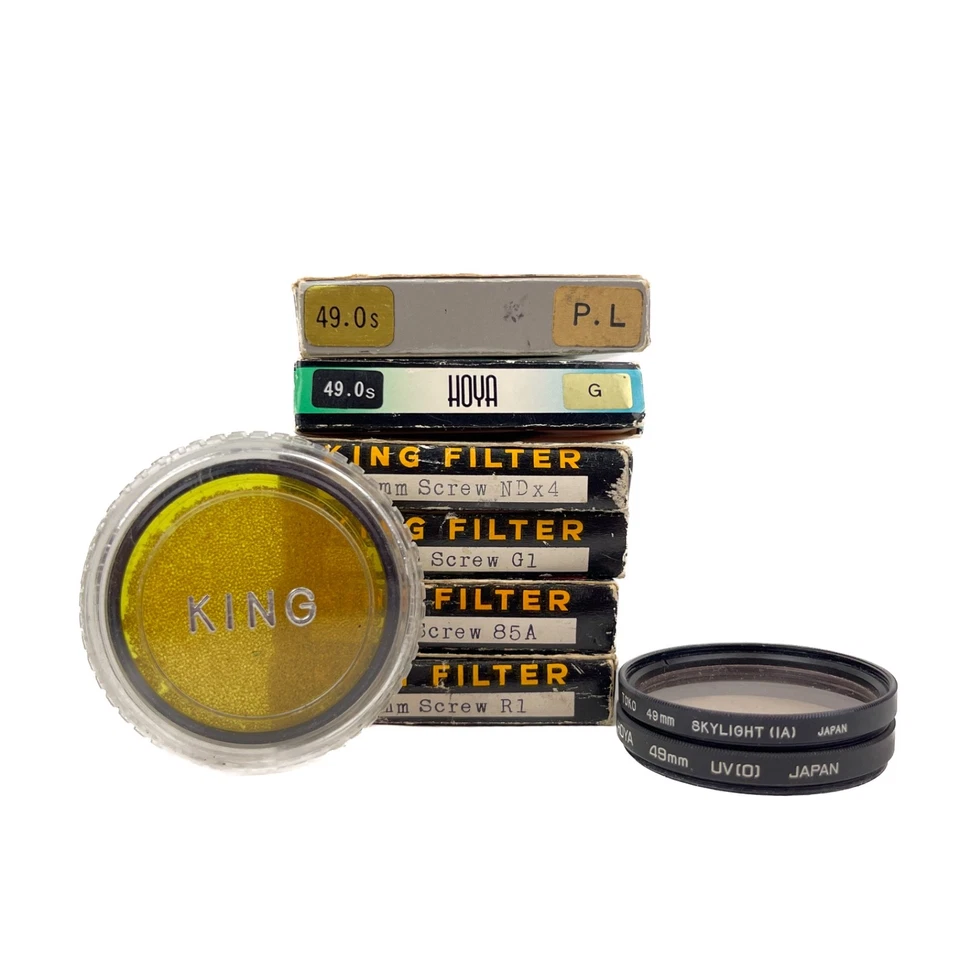 Vintage 49mm Lens Filter Lot of 9 -King, Hoya, Toko- Polarizer, ND x4, G, R1, UV - Image 1 of 2