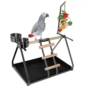 Parrot Bird Perch Table Top Stand Metal Wood 2 Cups Play Medium Large Breeds - Picture 1 of 5