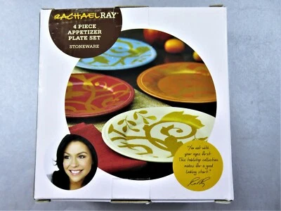 Rachael Ray Stoneware Appetizer Plates Gold Scroll 4 Pc 6 Inch Each Unique Color - Image 1 of 4