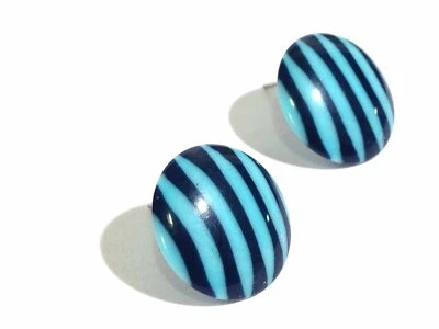 Blue & Turquoise Pin Striped Disc Button Posties - retro lucite stud earrings - Image 1 of 4