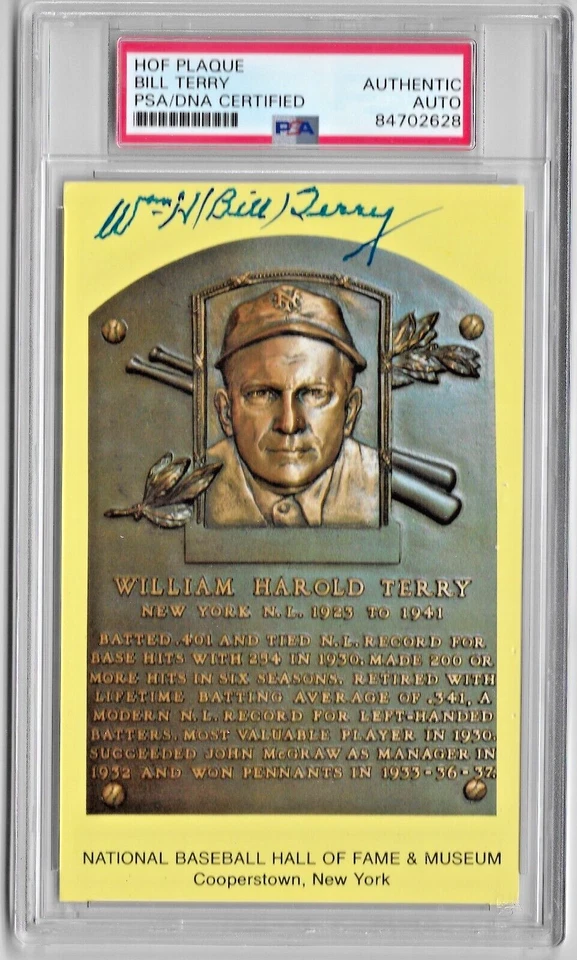 Bill Terry, New York Giants — Autographed HOF Yellow Plaque Card — PSA/DNA - Image 1 of 1