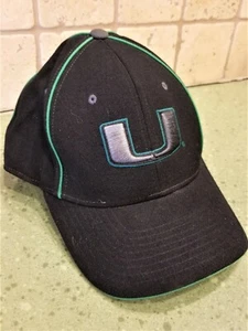 UM University of MIAMI Fitted Sz 7-1/8 BASEBALL CAP HAT Adult Black Aqua Green - Picture 1 of 8