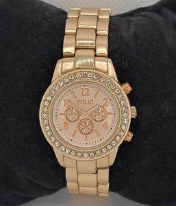 Ladies Folio Classic Paved Round Rose Gold Tone Case Link Bracelet Band Watch L3 - Picture 1 of 9