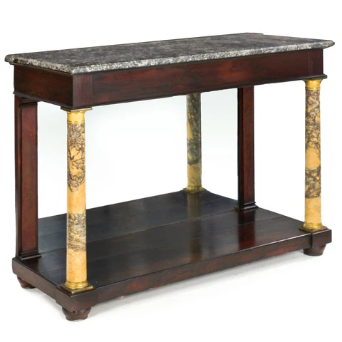 19th Century Empire Mahogany & Marble Top Pier Console Table w/ Marble Columns Cover
