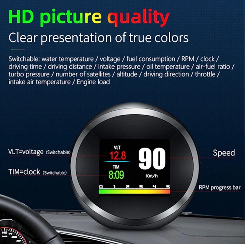 Universal Car OBD2 GPS Head Up Display Smart Digital Gauge Display Alarm System — 第 1/4 张图片