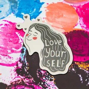 Love Yourself Woman Lady Head Self Care Dark Hair Sticker - Picture 1 of 2