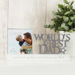Worlds Best Dad Photo Frame Grey Wooden Sentiment Word Fathers Day Gift 4x4 - Picture 1 of 1