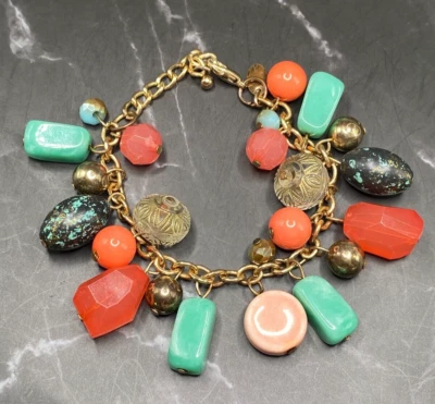复古橙色绿色簇宝石龙虾爪金色链条小饰品手链吊坠 — 第 1/4 张图片