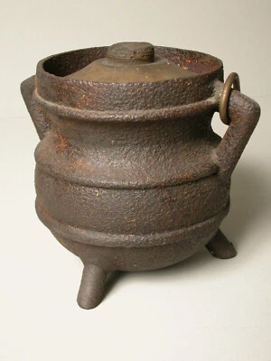 Vintage Colonial Era Cast Iron Cooking Vessel w/ stone lid - Image 1 of 4
