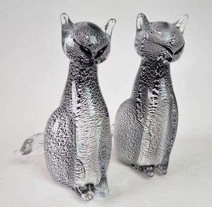 70s New Murano Art Glass Cat Oball Sommerso Silver Flakes Black Italy Vintage - Picture 1 of 21