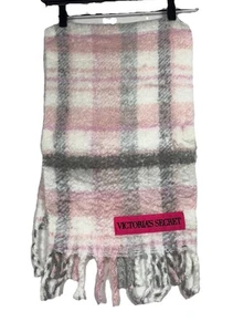 Victoria's Secret Plaid Scarf With Fringe Pink Gray Knotty Knit Boho 80 x 12 - Picture 1 of 4