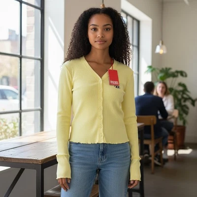Diesel T-Ribby-Open Mujer Camiseta M Amarillo Cárdigan con Botón Corto Acanalado - Imagen 1 de 4
