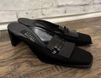 Stuart Weitzman Midway Black Tweed Mules Size 6.5M Patent Leather Flap Spain - Image 1 of 4