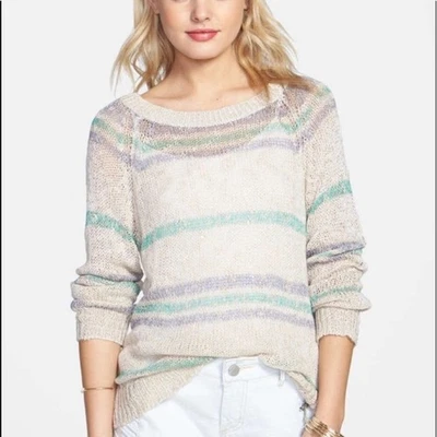 Suéter Pullover Top BP Latón Ciruela Para Mujer Rayas Tejido Abierto Cuello Redondo Talla XS Foto 1 de 4