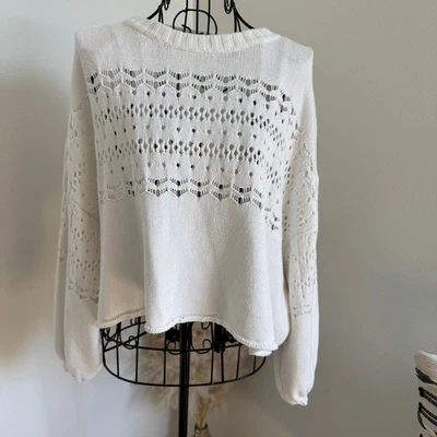Urban Outfitters White Cropped Balloon Sleeve Pointelle Knit Sweater Medium - Image 1 of 4